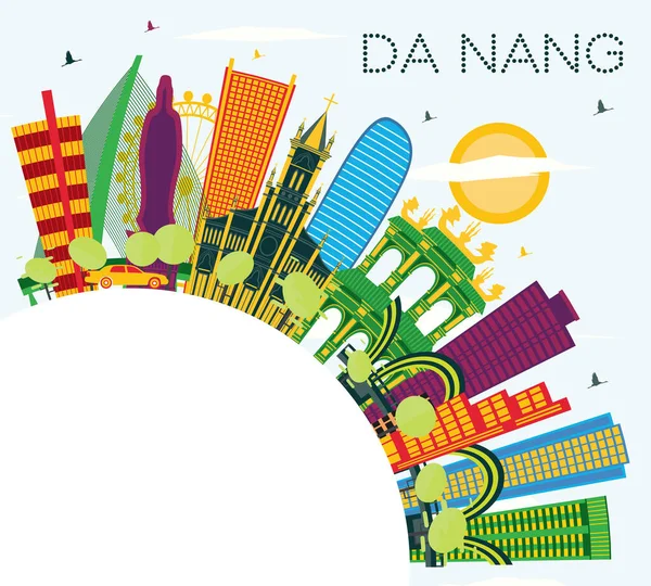 越南城的地平线上有彩色建筑 蓝天和复制空间 矢量插图 商务旅游和旅游理念与现代建筑 大南城市景观与地标 — 图库矢量图片