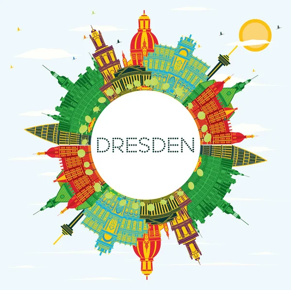 Dresden Germany City Skyline Com Edifícios Coloridos Céu Azul Espaço —  Vetores de Stock