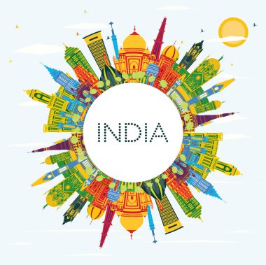 India City Skyline, Renkli Binalar, Mavi Gökyüzü ve Kopya Uzayı. Delhi mi? Mumbai, Bangalore, Chennai. Vektör İllüstrasyonu. Tarihi Mimariyle Seyahat ve Turizm Konsepti. Hindistan Şehir Manzarası.