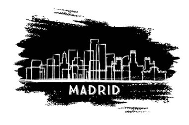 Madrid İspanya Şehri Skyline Silhouette. El çizimi çizimi. Modern Mimariyle İş Seyahatleri ve Turizm Konsepti. Vektör İllüstrasyonu. Madrid Şehir Manzarası Simgeleri.