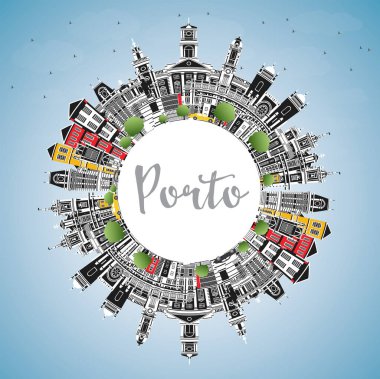 Porto Portekiz Şehri Skyline, Renkli Binalar, Mavi Gökyüzü ve Kopya Boşluğu. Vektör İllüstrasyonu. Tarihi yerleri olan Porto Şehir Manzarası. Tarihi Mimariyle İş Seyahati ve Turizm Konsepti.