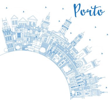 Porto Portekiz şehir silueti mavi binalar ve kopyalama uzayı. Vektör İllüstrasyonu. Tarihi yerleri olan Porto Şehir Manzarası. Tarihi Mimariyle İş Seyahati ve Turizm Konsepti.