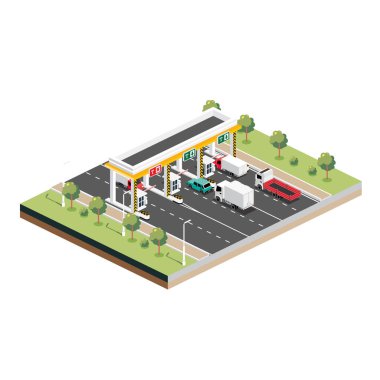 Kamyonları ve arabaları olan Isometric Toll Yolu. Ödeme kontrol noktası. Turnpike 'daki Gişe Koleksiyonu Bölgesi. Vektör İllüstrasyonu. Ağaçlı Manzara.