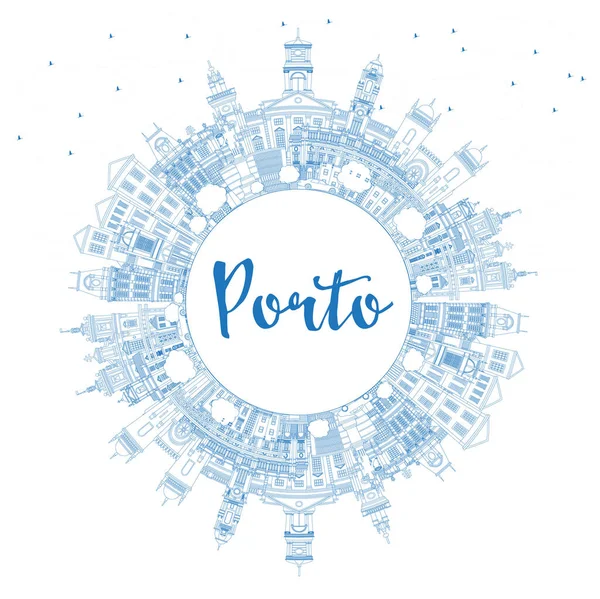 Контур Porto Portugal City Skyline Голубыми Зданиями Копировальным Пространством Векторная — стоковый вектор