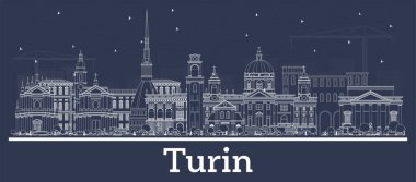 Turin İtalya 'nın ana hatlarıyla Beyaz Binalar. Vektör İllüstrasyonu. Modern Mimariyle İş Seyahatleri ve Turizm Konsepti. Tarihi Simgeli Torino Şehri.