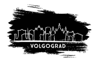 Volgograd Rusya Şehri Skyline Silhouette. El çizimi çizimi. Modern Mimariyle İş Seyahatleri ve Turizm Konsepti. Vektör İllüstrasyonu. Tarihi yerleri olan Volgograd Şehir Manzarası.