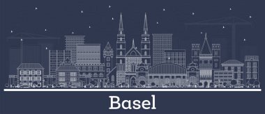 Beyaz Binalı Basel İsviçre City Skyline 'ın taslağı. Vektör İllüstrasyonu. Tarihi Mimariyle İş Seyahati ve Turizm Konsepti. Simgeli Basel Şehir Manzarası.