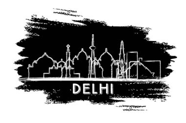 Delhi India City Skyline silueti. El çizimi çizimi. Modern Mimariyle İş Seyahatleri ve Turizm Konsepti. Vektör İllüstrasyonu. Tarihi Simgelerle Delhi Şehir Manzarası.
