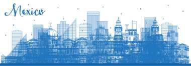 Blue Buildings ile Mexico City Skyline 'ın ana hatları. Vektör İllüstrasyonu. Tarihi Mimariyle İş Seyahati ve Turizm Konsepti. Meksiko Şehir Manzarası.