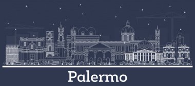 Palermo Italya Şehri 'nin ana hatlarıyla Beyaz Binalar. Vektör İllüstrasyonu. Tarihi Mimariyle İş Seyahati ve Turizm Konsepti. Palermo Sicilya Şehir Manzarası.