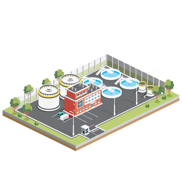 等距废水处理设施 独立于白色背景的信息图形设计元素 病媒说明 水资源生态学 设有建筑物的净化处理厂 — 图库矢量图片