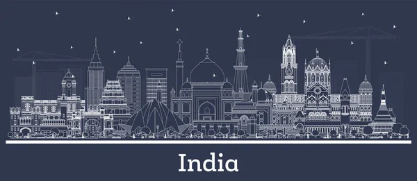 勾勒出印度城市白楼的天际线 孟买班加罗尔钦奈7 病媒说明 具有历史建筑的商务旅行和旅游概念 具有地标的印度城市景观 — 图库矢量图片
