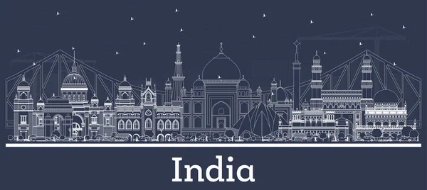 勾勒出印度城市白楼的天际线 海得拉巴加尔各答7 病媒说明 历史建筑中的旅游和旅游概念 具有地标的印度城市景观 — 图库矢量图片