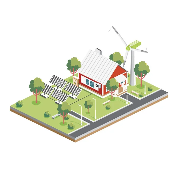 Isometrische Zonnepanelen Met Windturbine Buitenwijk Groene Eco Friendly House Infographic — Stockvector