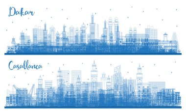 Ana hatlarıyla Casablanca Fas ve Dakar Senegal City Skyline Set ve Mavi Binalar. Tarihi Mimariyle İş Seyahati ve Kavram. Yer İmlerine sahip şehir manzarası. 
