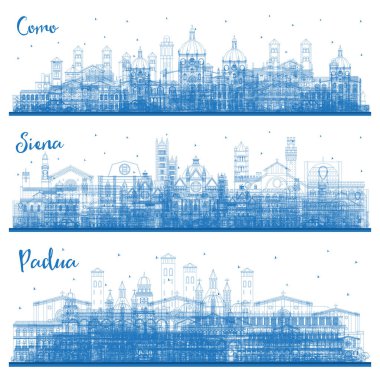 Ana hatlarıyla Siena, Padua ve Como Italy City Skyline Set ve Blue Buildings. Tarihi Mimariyle İş Seyahati ve Kavram. Yer İmlerine sahip şehir manzarası. 