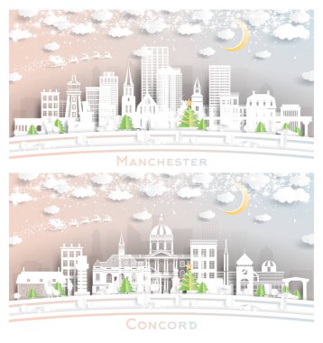 Concord ve Manchester New Hampshire. Winter City Skyline, Kar Taneleri, Ay ve Neon Garland ile Kağıt Kesiği Tarzı Seti. Noel ve Yeni Yıl Konsepti.