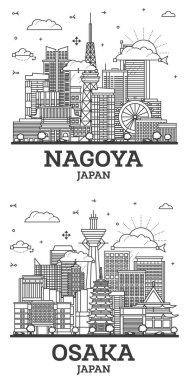 Ana hatlarıyla Osaka ve Nagoya Japon Şehri Skyline Set ve Modern Binalar beyaza izole edilmiş. Yer İmlerine sahip şehir manzarası.