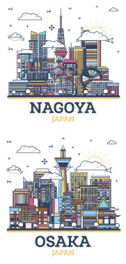 Ana hatlarıyla Osaka ve Nagoya Japon Şehri Skyline Set ve Modern Renkli Binalar beyaza izole edilmiş. Yer İmlerine sahip şehir manzarası.