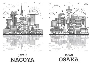 Ana hatlarıyla Osaka ve Nagoya Japon Şehri Skyline Set ve Modern Binalar ve Yansımalar Beyazın Üzerinde İzole Edildi. Yer İmlerine sahip şehir manzarası.