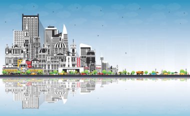 Portekiz 'e hoş geldiniz. Gray Binaları, Blue Sky ve Reflections ile City Skyline. Modern ve Tarihsel Mimarlık. Tarihi yerleri olan Portekiz şehri manzarası. Porto ve Lizbon.