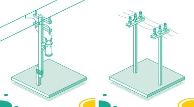 Isometric Elektrik Kutbu Yüksek Voltaj Güç Hattını Destekliyor. Pylon 'da elektrik transformatörü. Özet Beyaz Arkaplanda İzole Edildi.