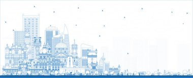 Portekiz 'e hoş geldiniz. Blue Buildings ile Skyline 'ın taslağı. Modern ve Tarihsel Mimarlık kavramı. Tarihi yerleri olan Portekiz şehri manzarası. Porto ve Lizbon.