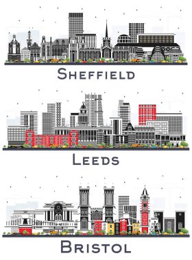 Bristol, Leeds ve Sheffield UK City Skyline Set ve Color Binaları beyaza izole edilmiş. Yer İmlerine sahip şehir manzarası.