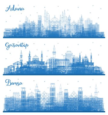 Ana hatlarıyla Gaziantep, Bursa ve Adana Turkey City Skyline Set with Blue Buildings. Tarihi Mimariyle İş Seyahati ve Kavram. Yer İmlerine sahip şehir manzarası. 
