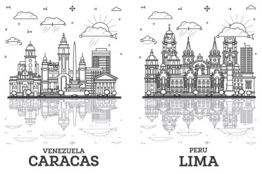 Outline Lima Peru and Caracas Venezuela City Skyline Set with Modern and Historic Buildings Isolated on White. Cityscape with Landmarks.