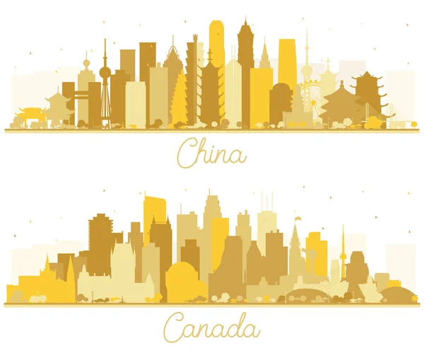 加拿大和中国城市天际线轮廓设置与黄金建筑隔离在白色 著名的地标 现代建筑 有地标的城市景观 — 图库照片