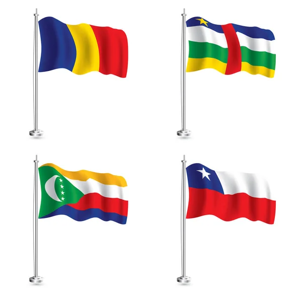 科摩罗 中非共和国 智利和乍得国旗组 旗杆上孤立的现实主义波浪旗 — 图库照片