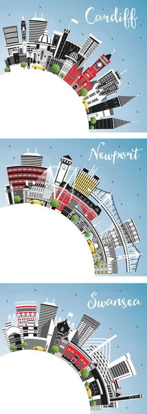 Newport Cardiff Και Swansea Wales City Skyline Σετ Color Buildings — Φωτογραφία Αρχείου