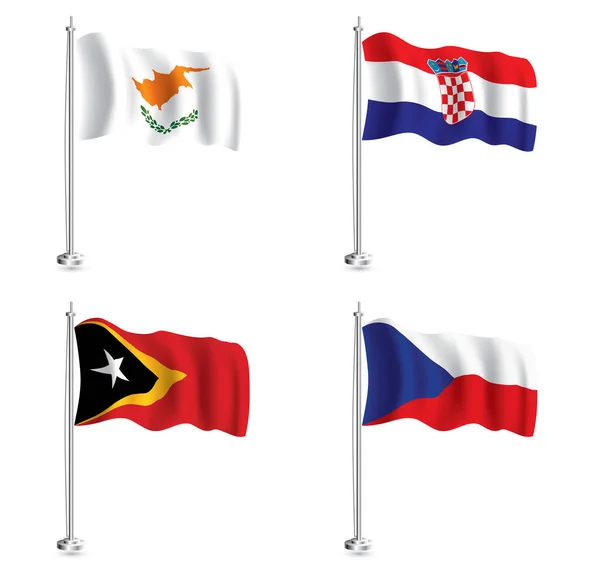 东帝汶 克罗地亚 捷克和塞浦路斯国旗组 旗杆上孤立的现实主义波浪旗 — 图库照片
