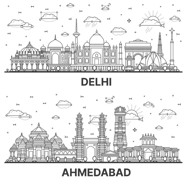 Disposition Ahmedabad Och Delhi India City Skyline Set Med Historiska — Stockfoto