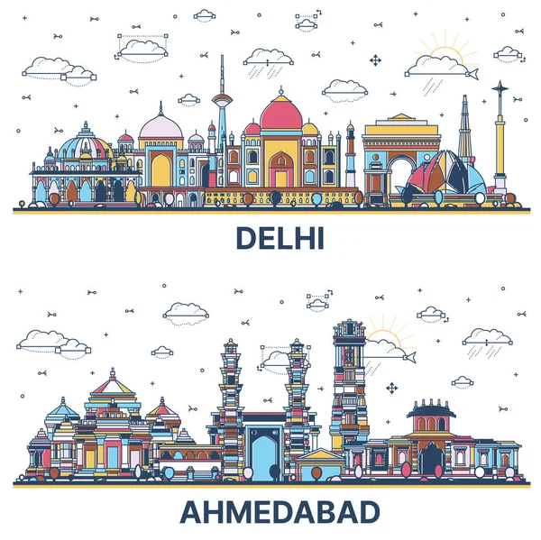 Disposition Ahmedabad Och Delhi India City Skyline Set Med Färgade — Stockfoto