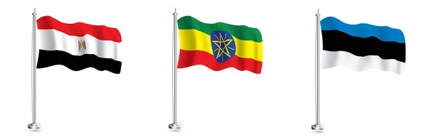 Набор Флагов Эфиопии Эстонии Египта Изолированный Флаг Реалистической Волны Флагштоке — стоковое фото