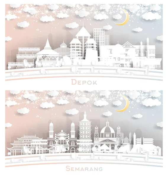 Semarang Depok Indonesia City Skyline Set Paper Cut Style White — Stockfoto