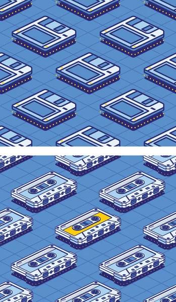 Isometrische Floppy Magnetische Schijf Audio Cassette Tape Naadloos Patroon Diskette — Stockfoto