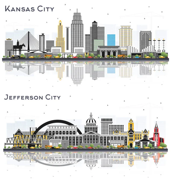 Zestaw Jefferson City Kansas City Missouri Skyline Kolorowymi Budynkami Refleksjami — Zdjęcie stockowe