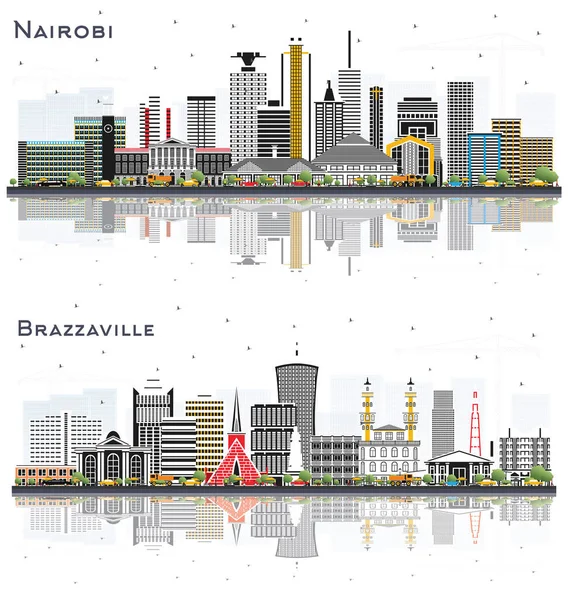 布拉柴维尔的刚果共和国和内罗毕的肯尼亚城市天际线设置与色彩建筑和反光隔离在白色 有地标的城市景观 — 图库照片