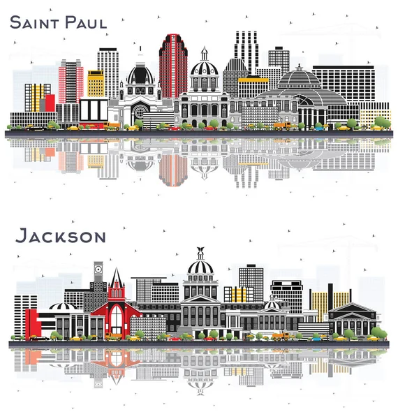 ジャクソン ミシシッピとセントポール ミネソタ シティ スカイライン セット 灰色の建物と白い反射が分離されている ランドマークと都市景観 — ストック写真