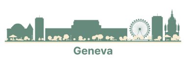 Renkli binalarla soyut Cenevre İsviçre silueti. Tarihi Binalarla İş Seyahati ve Turizm Konsepti.