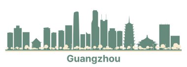 Renkli binaları olan soyut Guangzhou Çin Şehri Skyline. Vektör İllüstrasyonu. Modern Mimariyle İş Seyahati ve Turizm Konsepti.