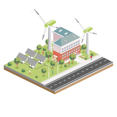 Rüzgar Türbinli Isometric Güneş Panelleri. Yeşil Çevre Dost Evi. Infographic Element. Vektör İllüstrasyonu. Beyaz Arkaplan 'da şehir mimarisi izole edildi. Ekolojik olarak Temiz Şehir.