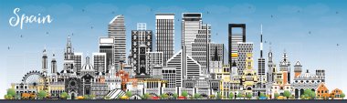 Gri Binalar ve Mavi Gökyüzü ile İspanya Şehri Skyline. Vektör İllüstrasyonu. Modern ve Tarihsel Mimarlık. Şehir simgeleriyle İspanya şehri. Madrid mi? Barselona 'da. Valencia. Sevilla. Zaragoza.
