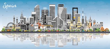 Gri Binaları, Mavi Gökyüzü ve Yansımaları olan İspanya Şehri Skyline 'ı. Vektör İllüstrasyonu. Tarihsel Mimarlık. Şehir simgeleriyle İspanya şehri. Madrid mi? Barselona 'da. Valencia. Sevilla. Zaragoza.
