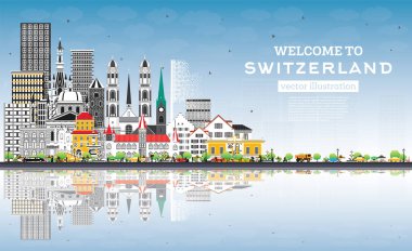 İsviçre 'ye hoş geldiniz. Gray Binaları ve Blue Sky ile City Skyline. Vektör İllüstrasyonu. Modern ve Tarihsel Mimarlık. Şehir simgeleriyle dolu İsviçre şehri. Bern. Basel. Lugano. Zürih 'te. Cenevre.