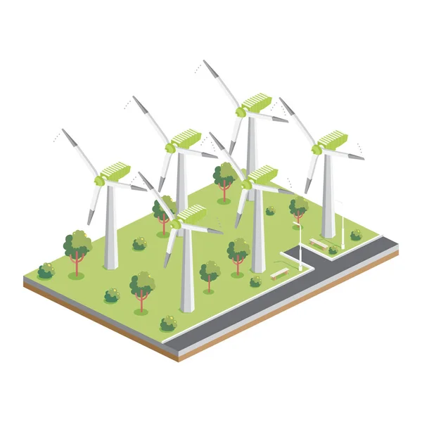 Fazenda Turbinas Eólicas Gerador Energia Isométrica Ilustração Vetorial Eneergia Limpa — Vetor de Stock