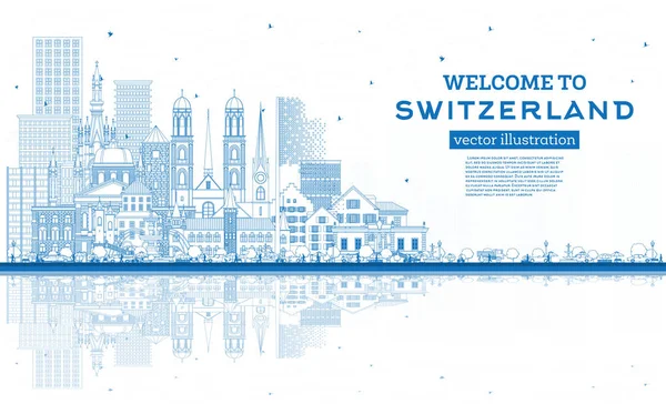 stock vector Welcome to Switzerland. Outline City Skyline with Blue Buildings. Vector Illustration. Modern and Historic Architecture. Switzerland Cityscape with Landmarks. Bern. Basel. Lugano. Zurich. Geneva.